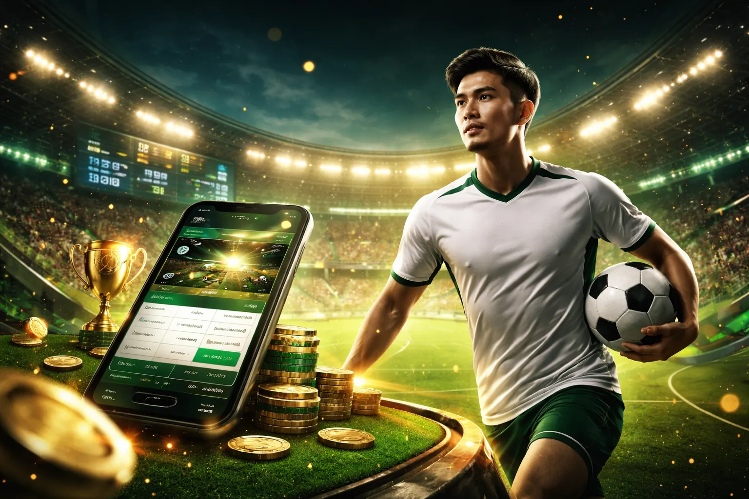 Sân vận động bóng đá rực sáng về đêm tại nhà cái luck8882 đăng nhập